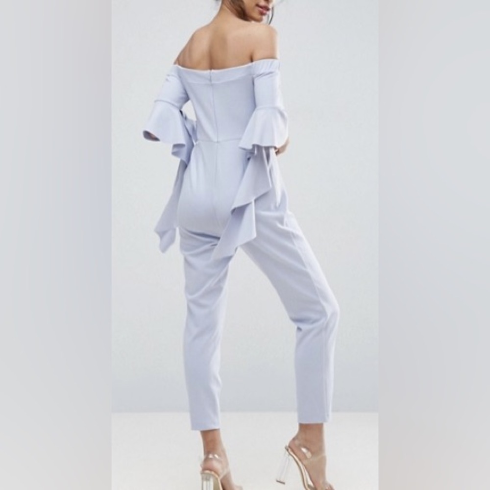 ASOS Bardot Lilac Lavender Off Shoulder Jumpsuit Ruffle Detail Sleeves 6